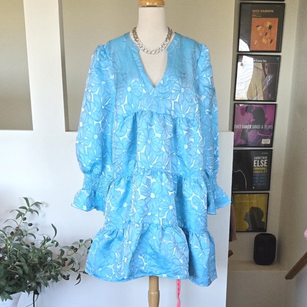 🏷️Tuckernuck Pomander Place Blue Daisy Jacquard Kenzo Tiered Dress XXXL - Picture 6 of 12